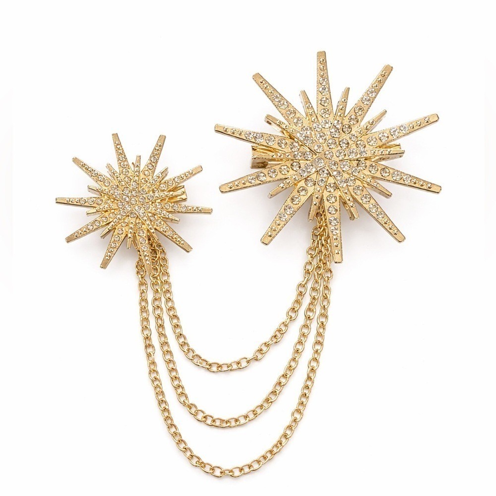 Gold Starburst Double Brooch Pin Set w/ Chain Draped‎ Rhinestone Celestial